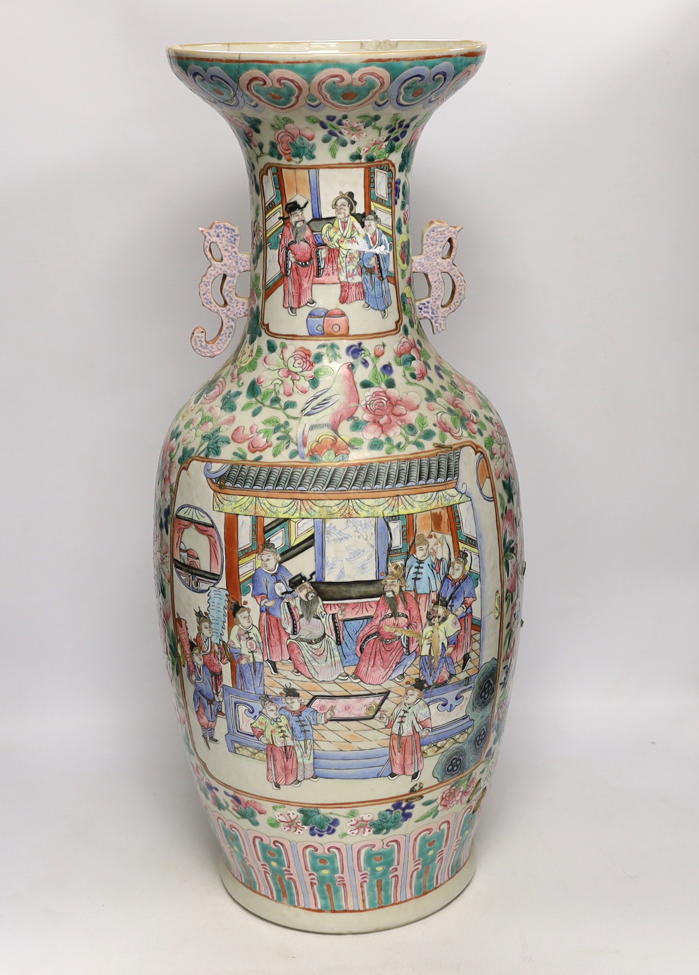 A large 19th century Chinese famille rose vase, damaged, 63cm
